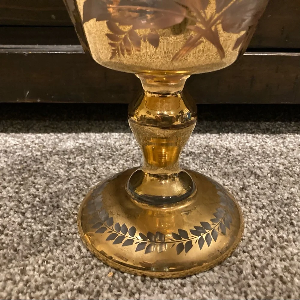 Antique BOHEMIAN CZECH Gilt Etched Crystal Candy Dish w/Lid